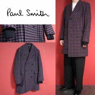 ポールスミス(Paul Smith)の【極美品】Paul Smith 千鳥格子 紫 シルク混 袖リブ 襟ステッチコート(チェスターコート)