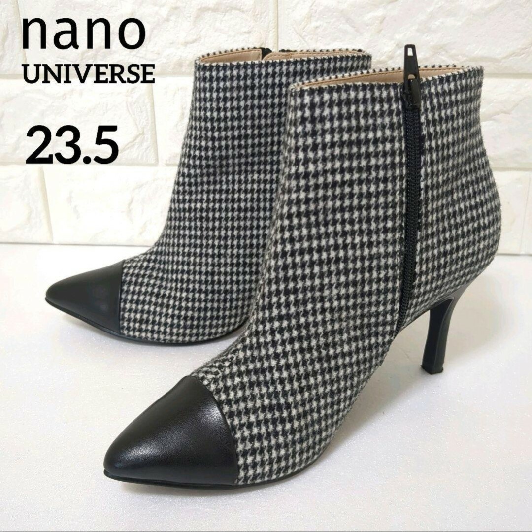 nano・universe(ナノユニバース)のナノユニバース　ショートブーツ　ブーティー　サイドジップ　千鳥格子柄　23.5 レディースの靴/シューズ(ブーティ)の商品写真