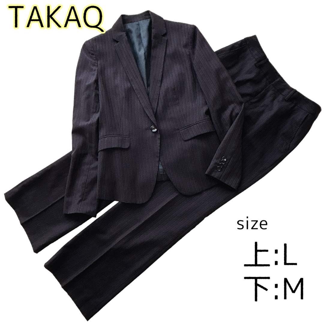 TAKA-Q(タカキュー)のTAKAQ パンツスーツ ストライプ ブラウン ブルー サイズ違いML レディースのフォーマル/ドレス(スーツ)の商品写真