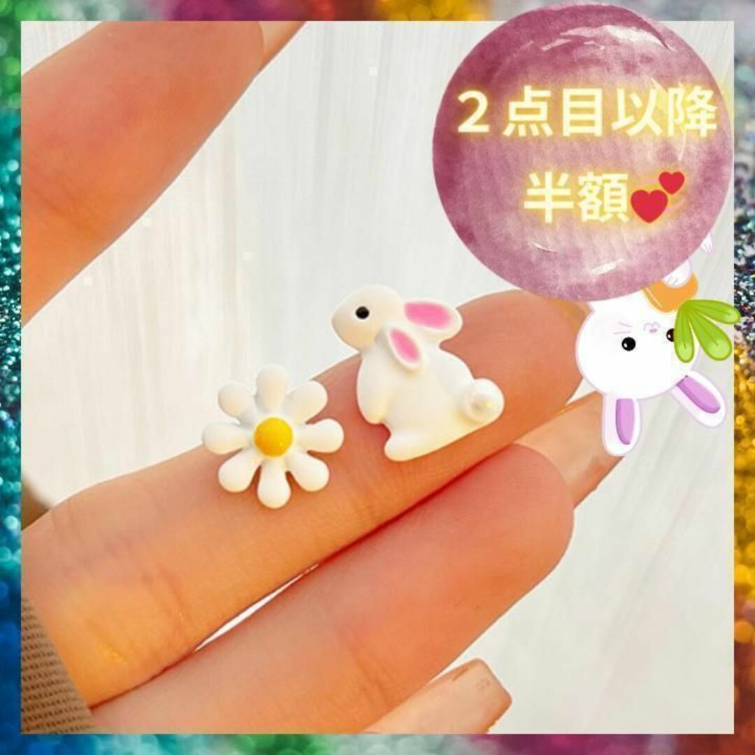 S925 　バニー　うさぎ　ウサギ　フラワー　花　非対称　ピアス　干支 レディースのアクセサリー(ピアス)の商品写真