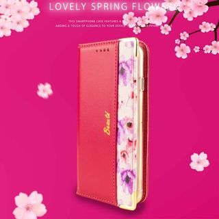 iPhone SE ケース 手帳型 iphone8 6s 花柄 人気 レッド(iPhoneケース)