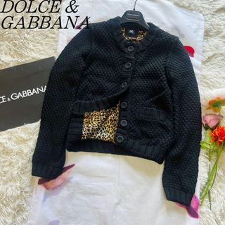 【良品】DOLCE&GABBANA ニットカーディガン ブラック　レオパード40(カーディガン)