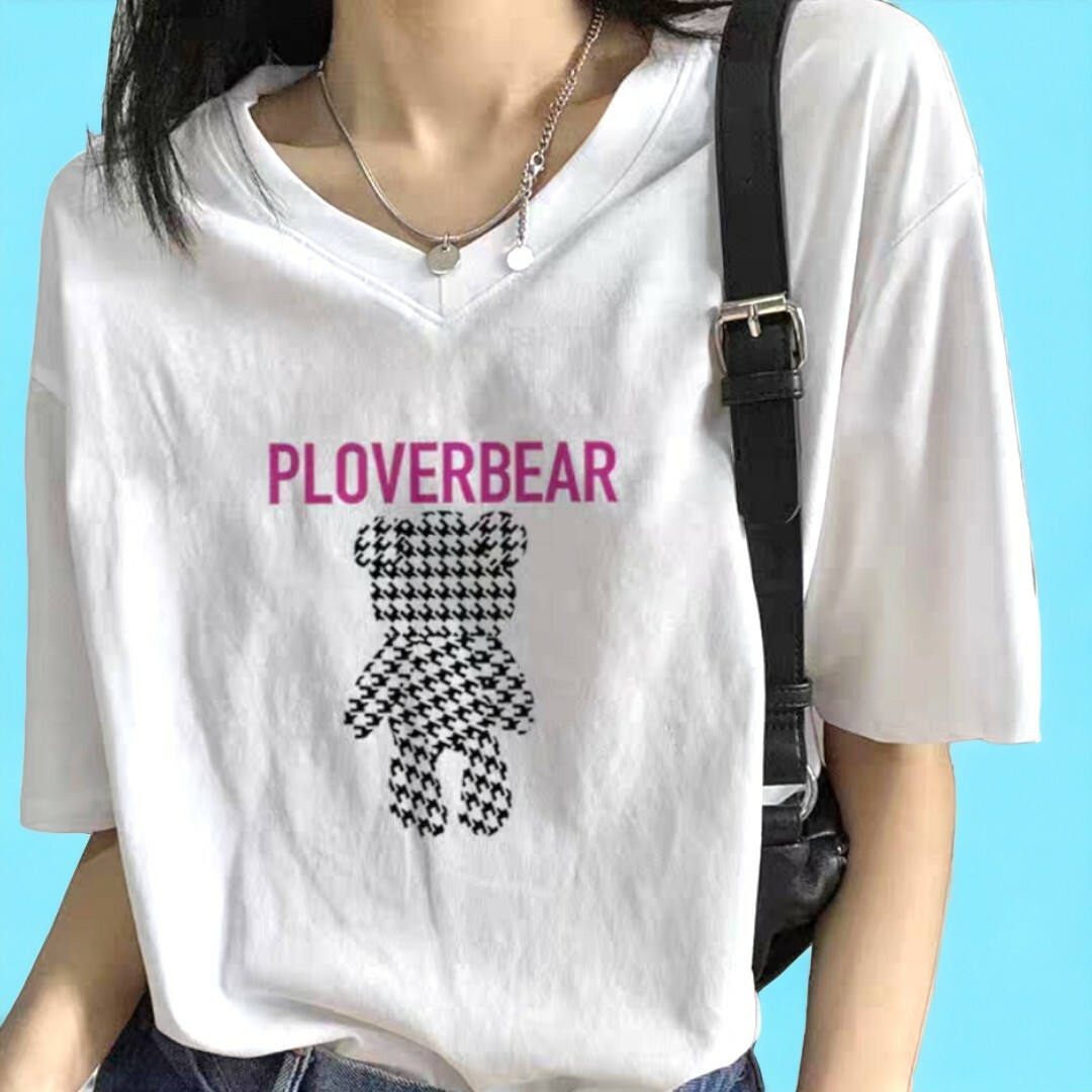Tシャツ　ホワイト くま　 ビックシルエット レディース 千鳥柄 XL 半袖 レディースのトップス(Tシャツ(半袖/袖なし))の商品写真