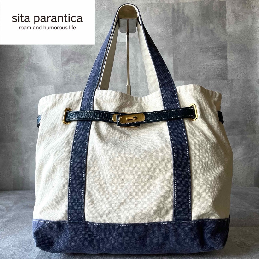 DEUXIEME CLASSE(ドゥーズィエムクラス)の【美品】SITA PARANTICA キャンバス ネイビー×ホワイト バッグ M レディースのバッグ(トートバッグ)の商品写真