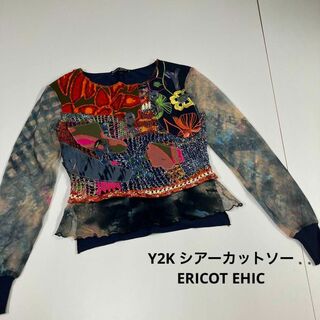 Y2K カットソー　ロンT シアー　シースルー　刺繍　ERICOT EHIC(カットソー(長袖/七分))