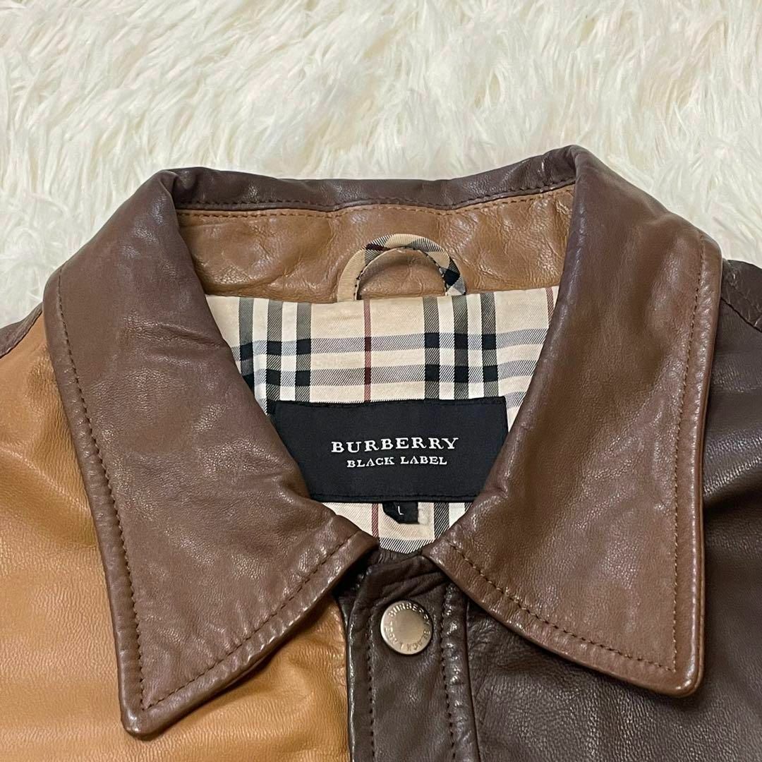 BURBERRY BLACK LABEL(バーバリーブラックレーベル)の激レア✨バーバリーブラックレーベル　ラムレザー　ジャケット　パッチワーク　L メンズのジャケット/アウター(レザージャケット)の商品写真