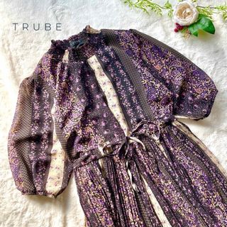 TRUBE 花柄 シフォン ロングワンピース 七分袖 M(ロングワンピース/マキシワンピース)