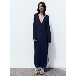 ZARA　ロング　ワンピース　ターコイズ　ブルー　完売品　ジャガード　M