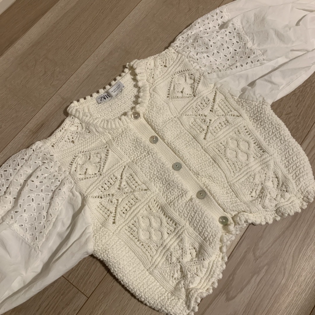 【ZARA】 ニット コントラストニットカーディガン レース 刺繍 美品