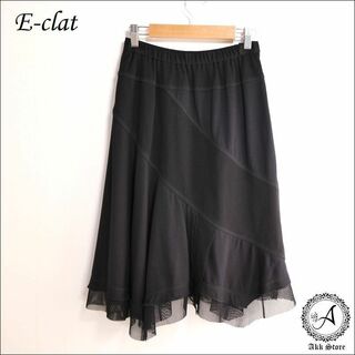 E-clat レディース スカート ひざ丈 フレア メッシュ 日本製 黒 M(ひざ丈スカート)