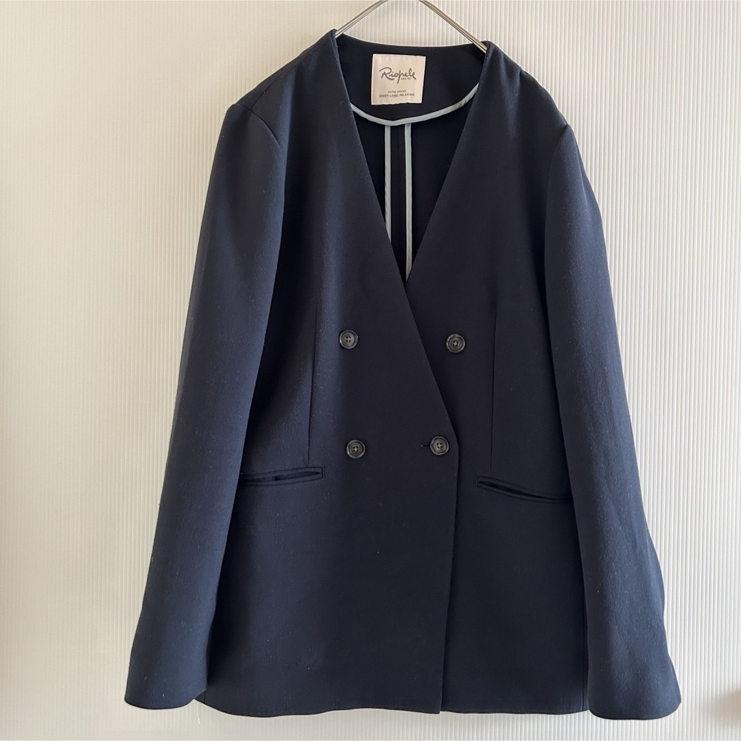 UNITED ARROWS green label relaxing(ユナイテッドアローズグリーンレーベルリラクシング)の046GLR手洗可防皺ストレッチダブルノーカラージャケット38M紺ネイビー レディースのジャケット/アウター(ノーカラージャケット)の商品写真