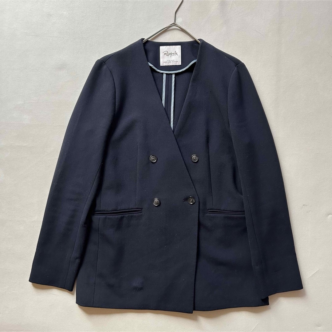 UNITED ARROWS green label relaxing(ユナイテッドアローズグリーンレーベルリラクシング)の046GLR手洗可防皺ストレッチダブルノーカラージャケット38M紺ネイビー レディースのジャケット/アウター(ノーカラージャケット)の商品写真