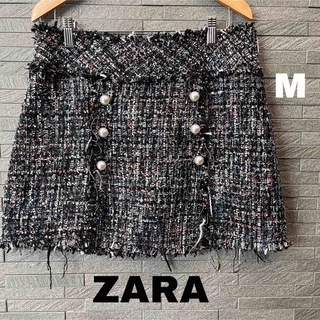 ザラ(ZARA)のザラ ミニ スカート  ブラック プリーツ 台形 スパンコール　ツイード　パール(ミニスカート)