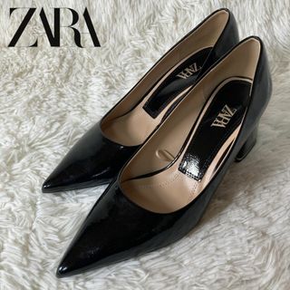 ザラ(ZARA)の極美品 ZARA ザラ ポインテッドトゥ パンプス チャンキーヒール 25.5(ハイヒール/パンプス)