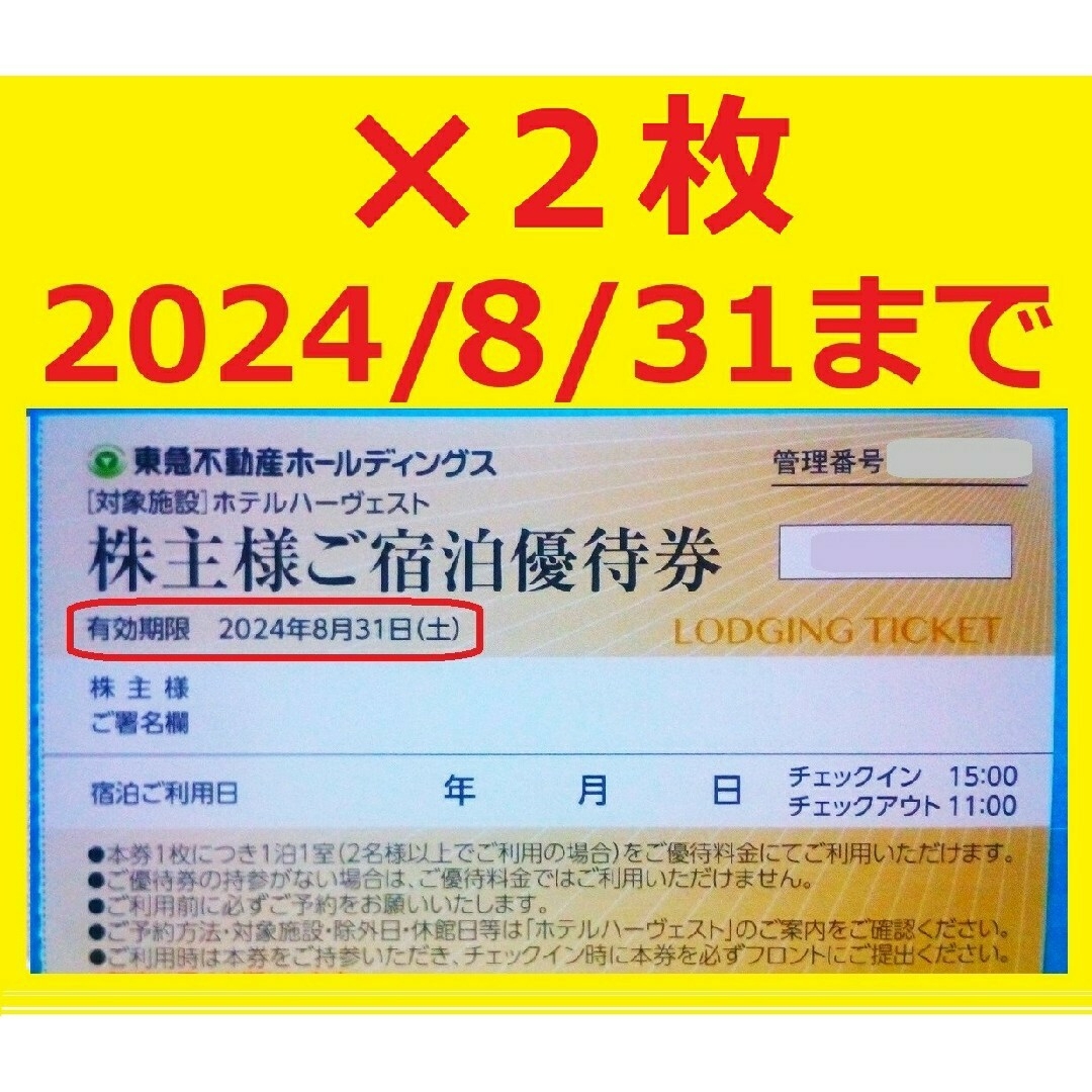 2枚セット8/31迄東急不動産株主優待ご宿泊優待券東急ハーヴェスト チケットの優待券/割引券(宿泊券)の商品写真