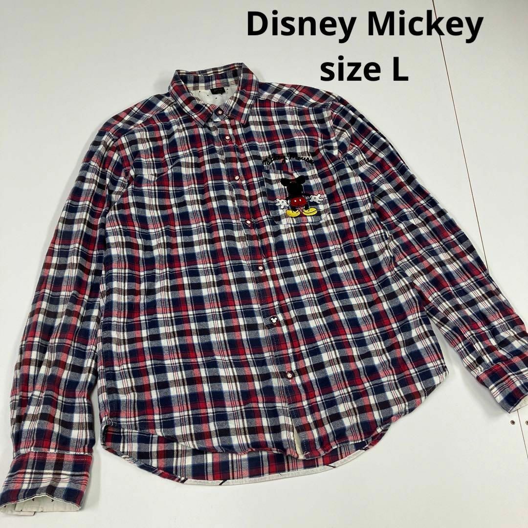 Disney(ディズニー)の古着　ネルシャツ　チェック柄　Mickey ミッキー　ディズニー　刺繍　プリント メンズのトップス(シャツ)の商品写真