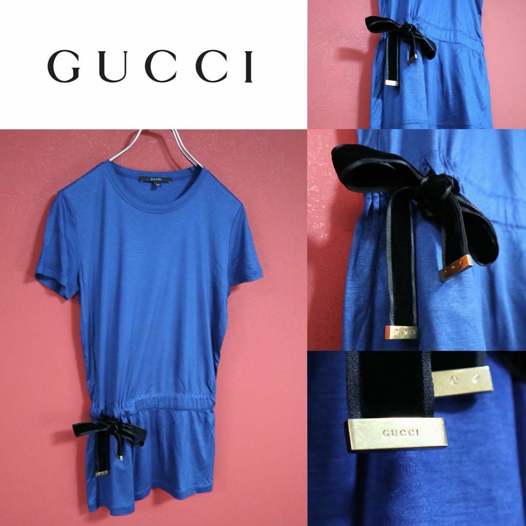 Gucci(グッチ)の【最高級】GUCCI ベロア リボンデザイン ゴールド金具 刻印ロゴ Tシャツ レディースのトップス(Tシャツ(半袖/袖なし))の商品写真