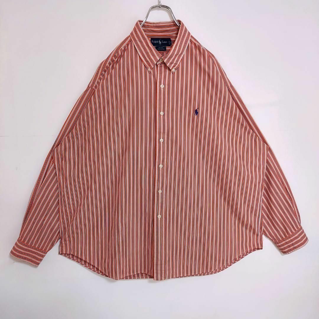 Ralph Lauren(ラルフローレン)の90s ラルフローレン BDストライプシャツ 刺繍ポニー 2XL レッド 赤 紺 メンズのトップス(シャツ)の商品写真