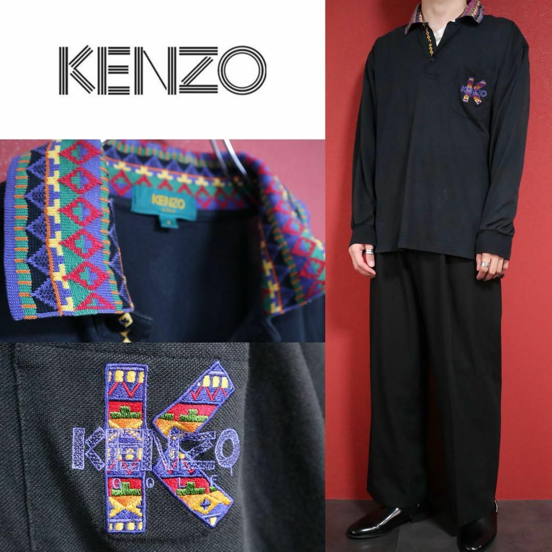 KENZO(ケンゾー)の【モード】KENZO ロゴ刺繍 ハーフボタン 民族柄 デザイン ポロシャツ 長袖 メンズのトップス(スウェット)の商品写真