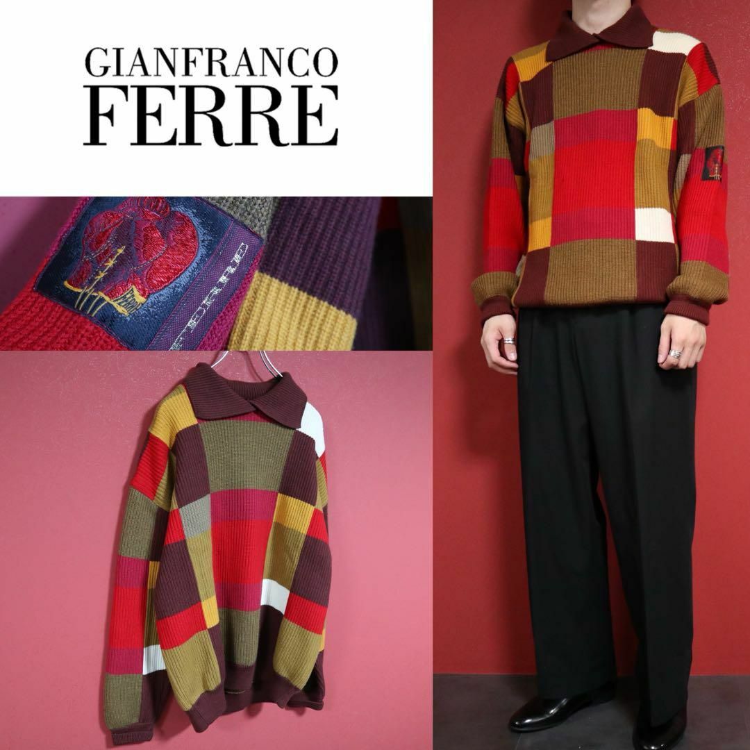 Gianfranco FERRE(ジャンフランコフェレ)のGIANFRANCO FERRE パネルパターン 総柄 襟付き デザインニット メンズのトップス(ニット/セーター)の商品写真