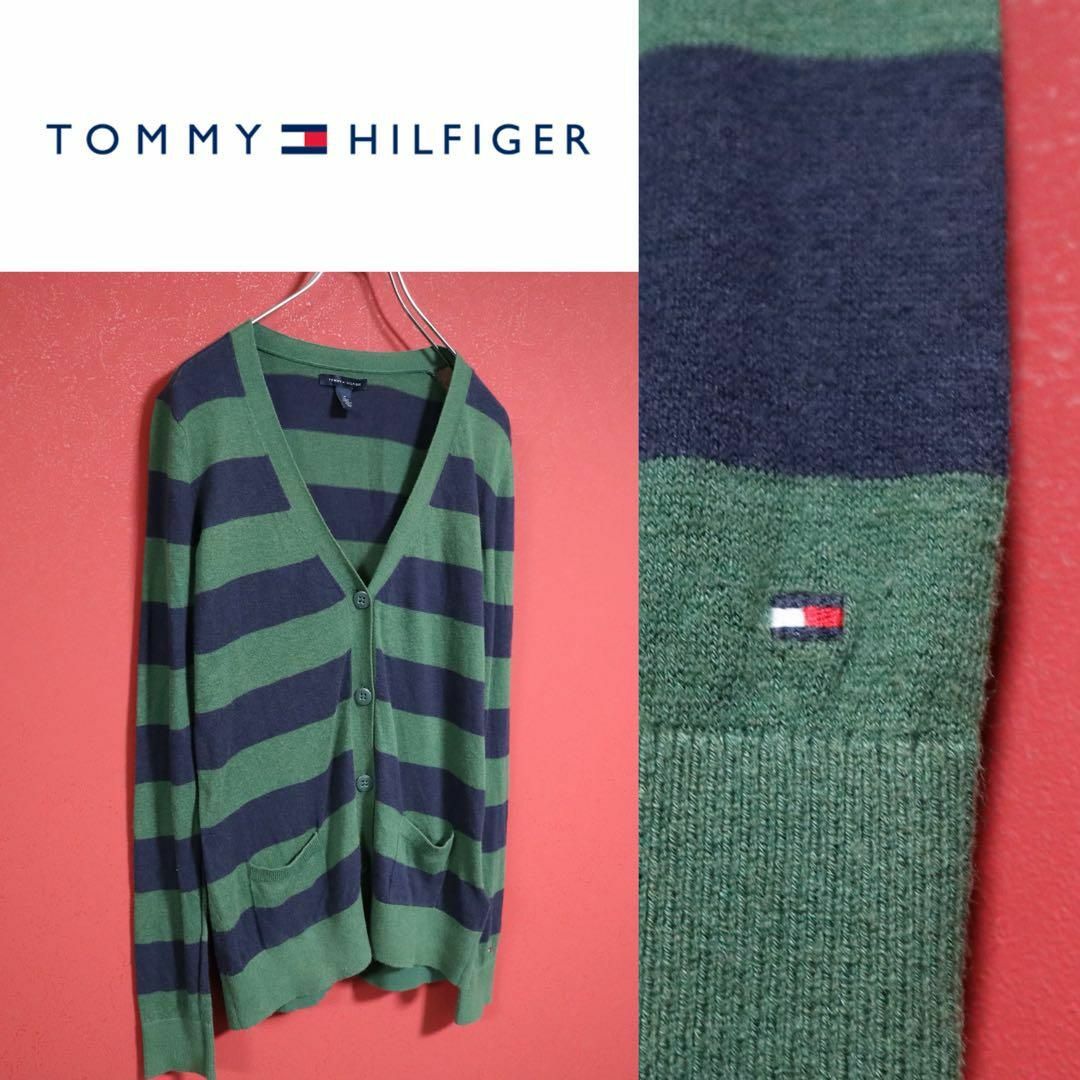 TOMMY HILFIGER(トミーヒルフィガー)のTOMMY HILFIGER 袖ロゴ刺繍 ボーダー柄 デザイン カーディガン レディースのトップス(カーディガン)の商品写真