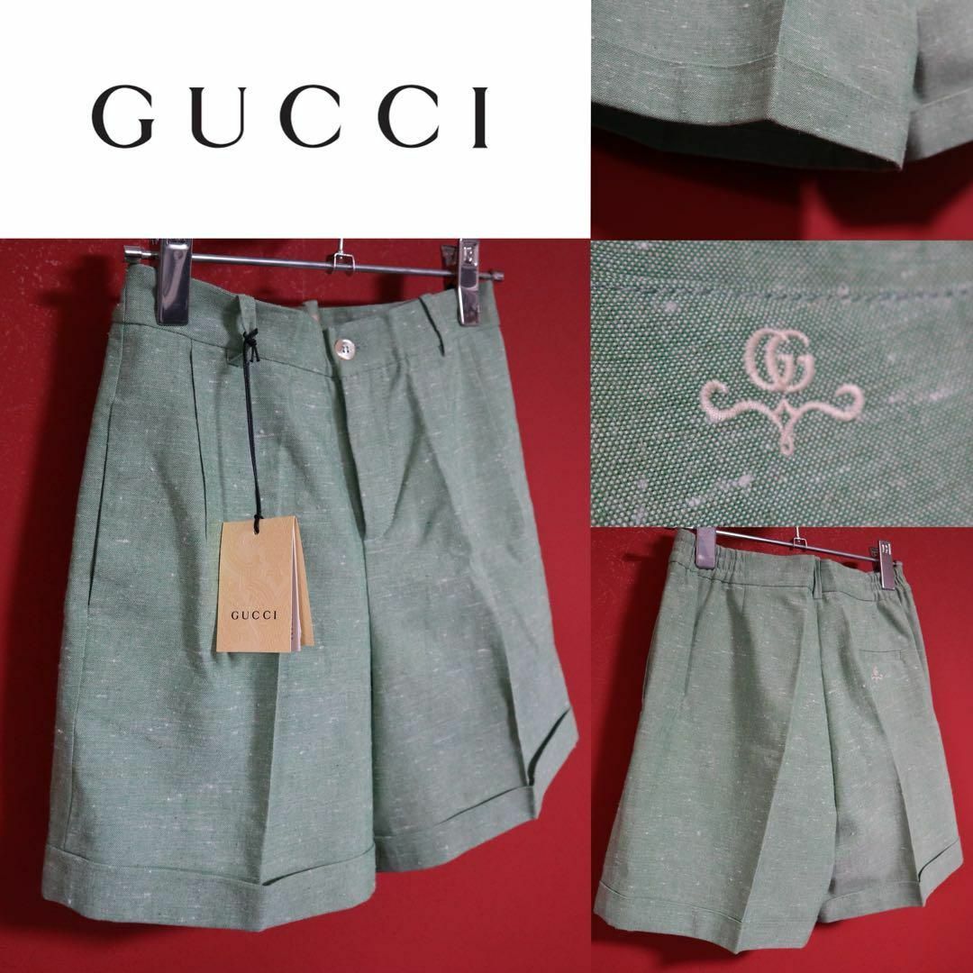 Gucci(グッチ)の【新品未使用/タグ付き】GUCCI ロゴ刺繍 裾ダブル リネン ショートパンツ キッズ/ベビー/マタニティのキッズ服男の子用(90cm~)(パンツ/スパッツ)の商品写真