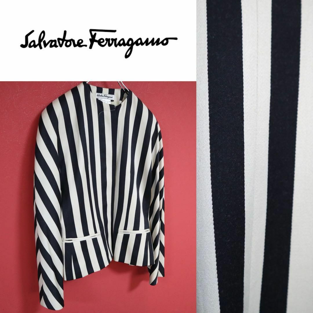 【極希少】Salvatore Ferragamo ストライプ ノーカラーJKT | フリマアプリ ラクマ