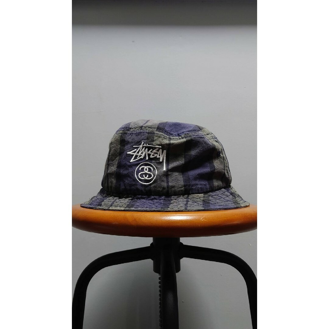 STUSSY ロゴ刺繍 チェック柄 バケットハット ネイビー系 L/XL 帽子 | フリマアプリ ラクマ