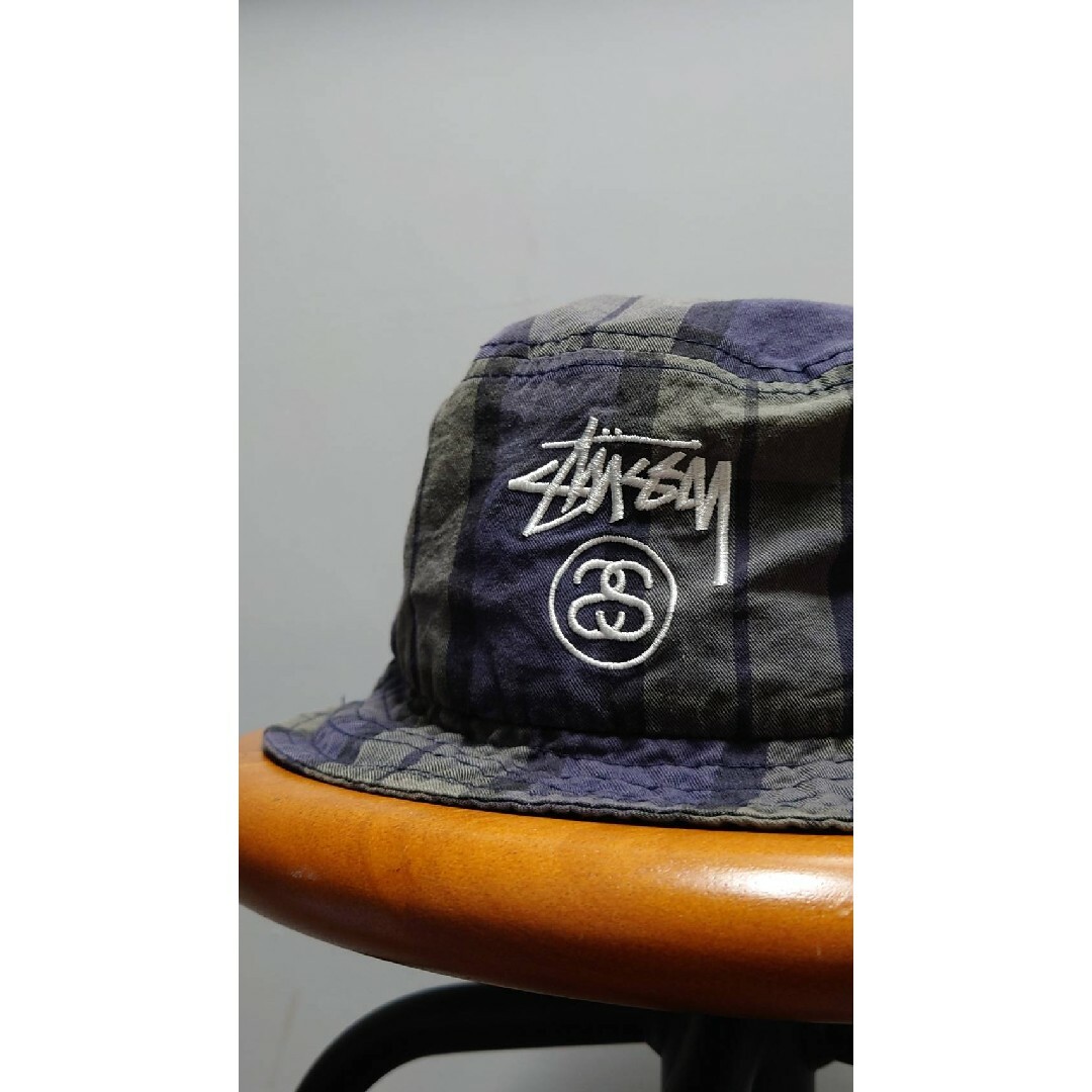 STUSSY - STUSSY ロゴ刺繍 チェック柄 バケットハット ネイビー系 L/XL