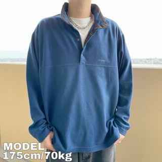 90s USA製 patagonia パタゴニア 刺繍フリース XL ブルー青(スウェット)