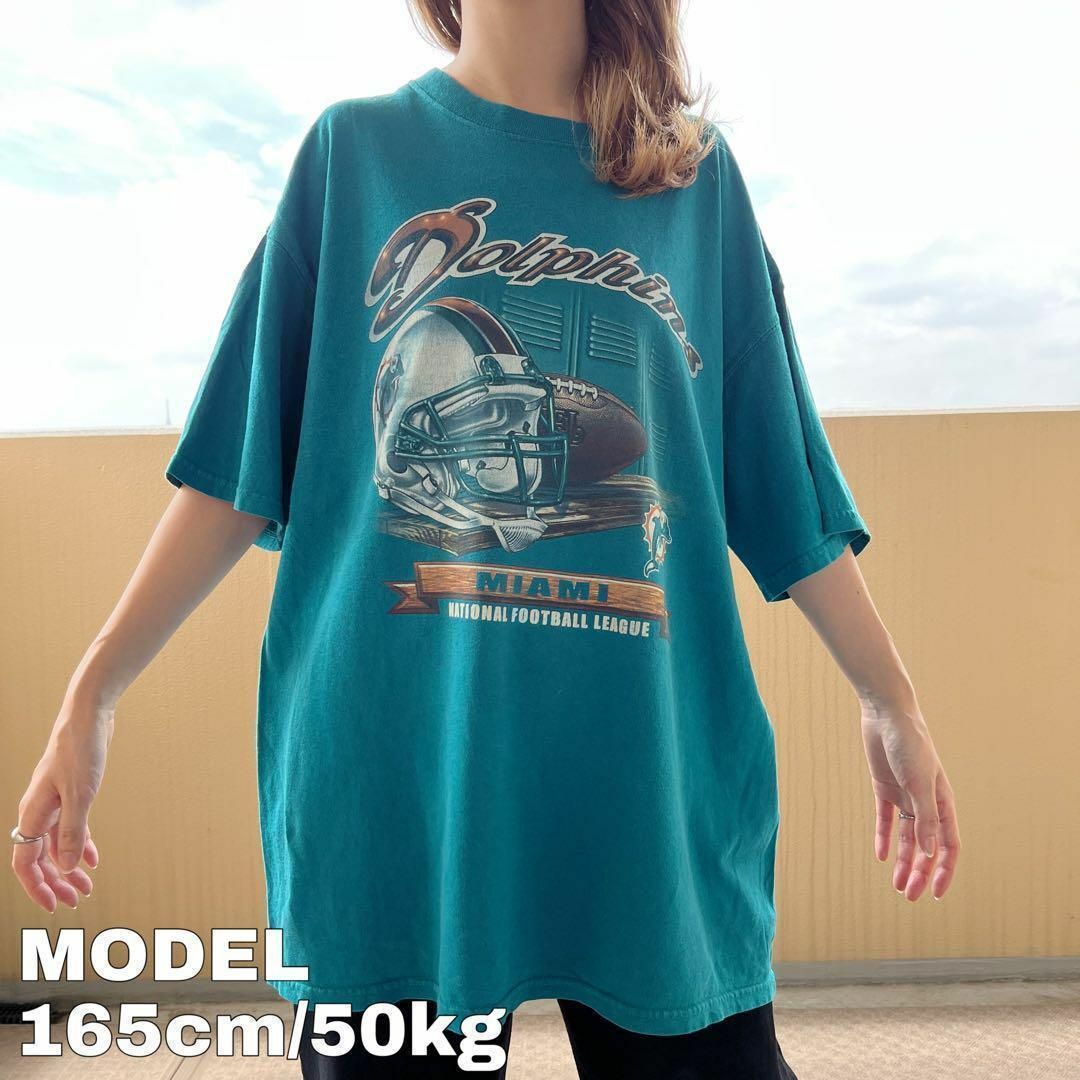 NFL ドルフィンズ ひび割れ プリントTシャツ XL グリーン 緑 白 茶色 メンズのトップス(Tシャツ/カットソー(半袖/袖なし))の商品写真