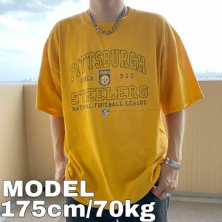 NFL スティーラーズ かすれロゴプリントTシャツ 2XL イエロー 黄色 黒(Tシャツ/カットソー(半袖/袖なし))