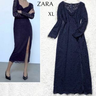 ザラ(ZARA)の【美品】ZARAザラ 総レース シアー ロングワンピース ドレス 大きいサイズ(ロングワンピース/マキシワンピース)