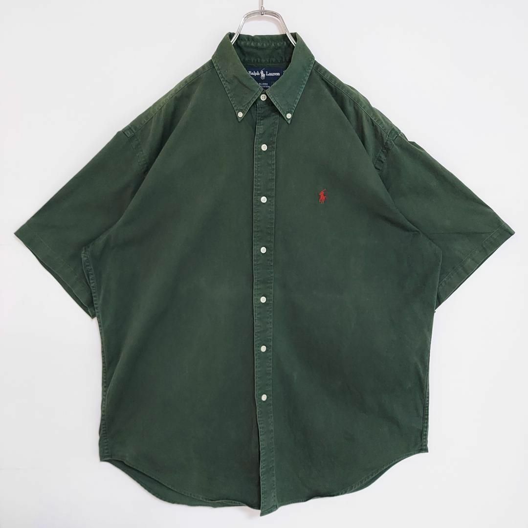 Ralph Lauren(ラルフローレン)の90s ラルフローレン BD無地半袖シャツ L グリーン 緑 赤 ポニー 刺繍 メンズのトップス(シャツ)の商品写真