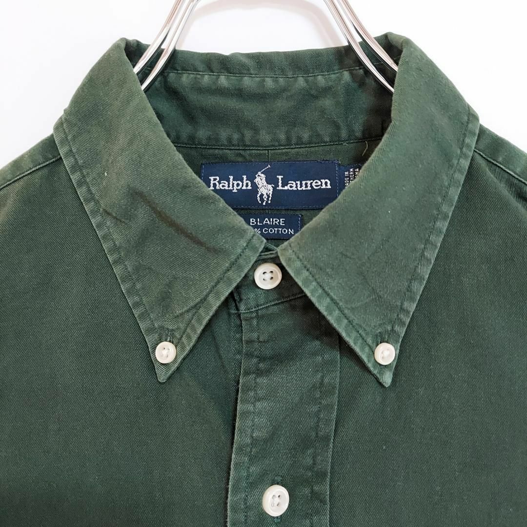 Ralph Lauren(ラルフローレン)の90s ラルフローレン BD無地半袖シャツ L グリーン 緑 赤 ポニー 刺繍 メンズのトップス(シャツ)の商品写真