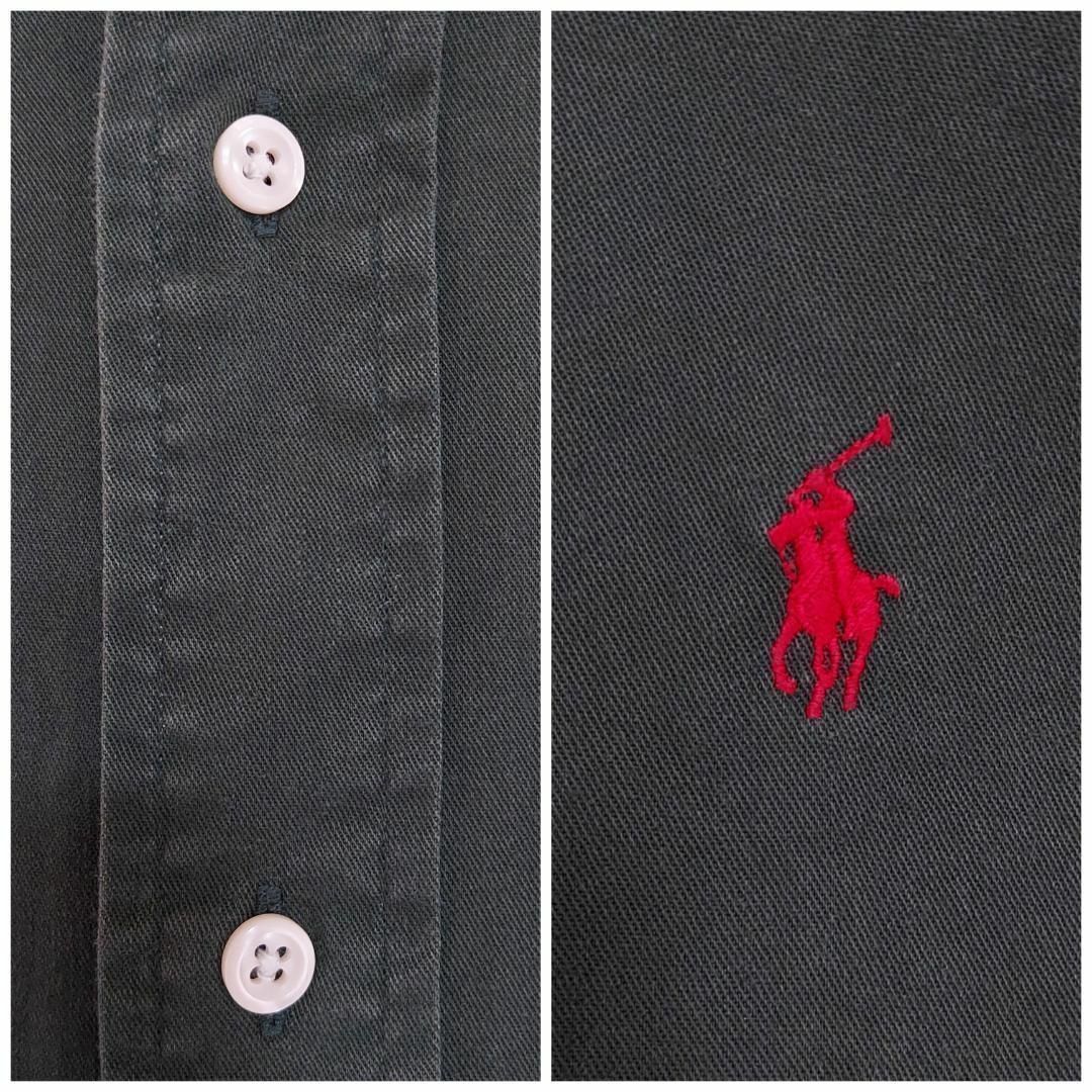 Ralph Lauren(ラルフローレン)の90s ラルフローレン BD無地半袖シャツ L グリーン 緑 赤 ポニー 刺繍 メンズのトップス(シャツ)の商品写真