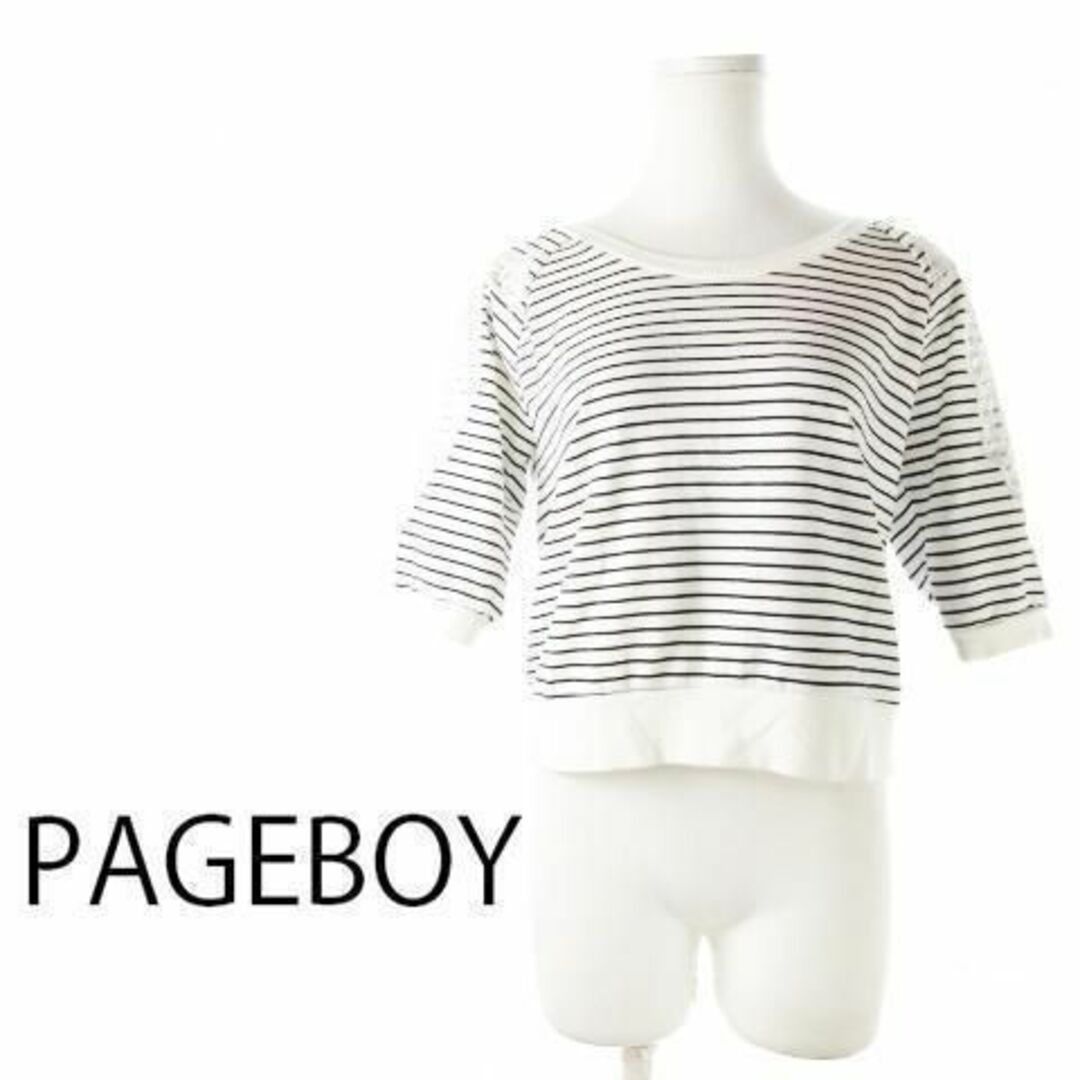 PAGEBOY(ページボーイ)のページボーイ レースポイント ボーダーニットソー F 白 230427CK17A レディースのトップス(ニット/セーター)の商品写真