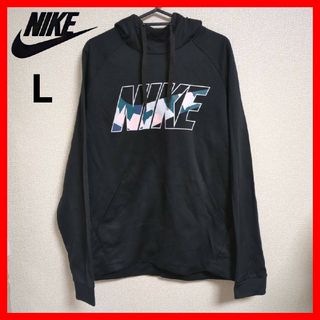 ナイキ(NIKE)の美品 ナイキ パーカー プルオーバー ロゴ フード ブラック L 薄手の裏起毛(パーカー)