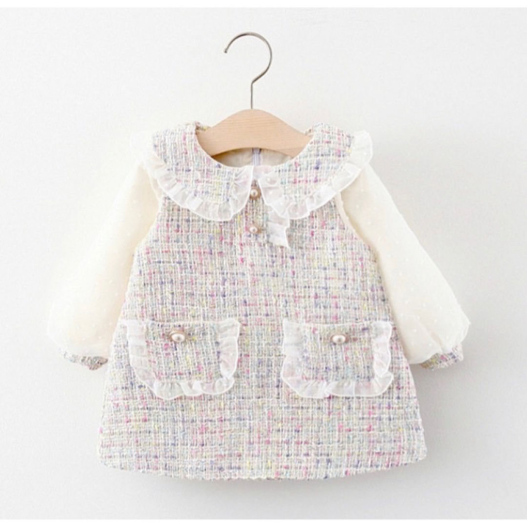 【新品・未使用】キッズ 100cm ツイードワンピース ホワイト イベント キッズ/ベビー/マタニティのキッズ服女の子用(90cm~)(ワンピース)の商品写真