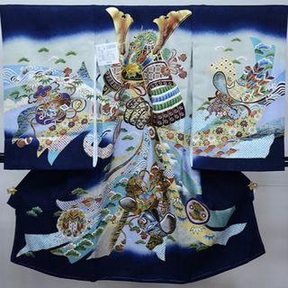 お宮参り 産着 のしめ 男児 正絹 豪華絢爛 金刺繍 濃紺地 兜 NO39696(お宮参り用品)