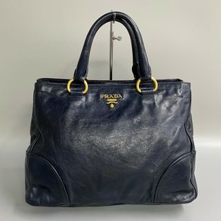 プラダ(PRADA)の美品 希少品 PRADA プラダ ロゴ 金具 レザー 本革 ナイロン ハンドバッグ トートバッグ ビジネスバッグ ネイビー 紺 26224(ハンドバッグ)