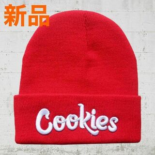 Cookies（クッキーズ） ニット帽　ビーニー　キャップ　レッド×ホワイト(ニット帽/ビーニー)