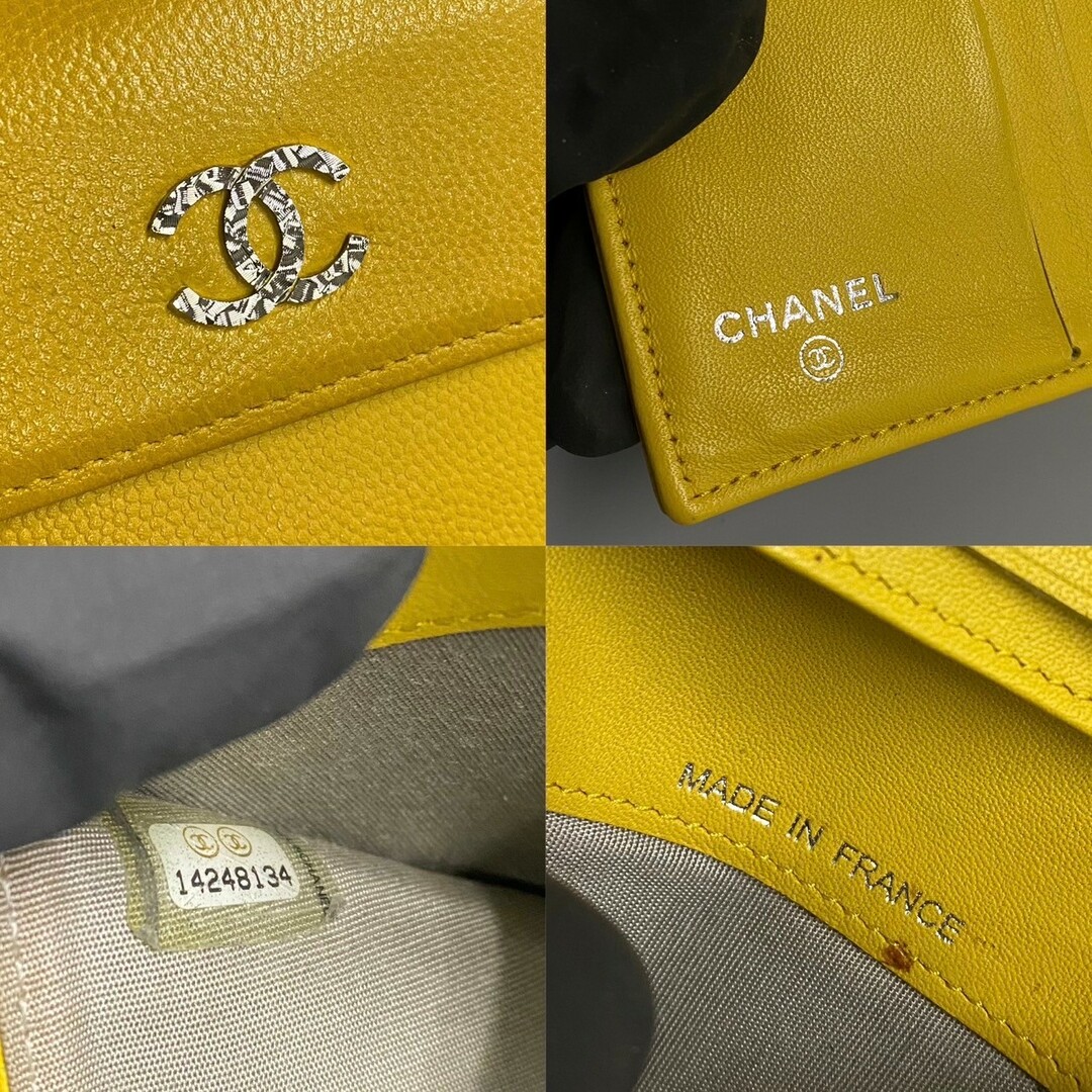 CHANEL(シャネル)の美品 シール有 14番台 CHANEL シャネル キャビアスキン レザー 本革 Wホック 二つ折り 財布 ミニ コンパクト ウォレット イエロー 44010 レディースのファッション小物(財布)の商品写真