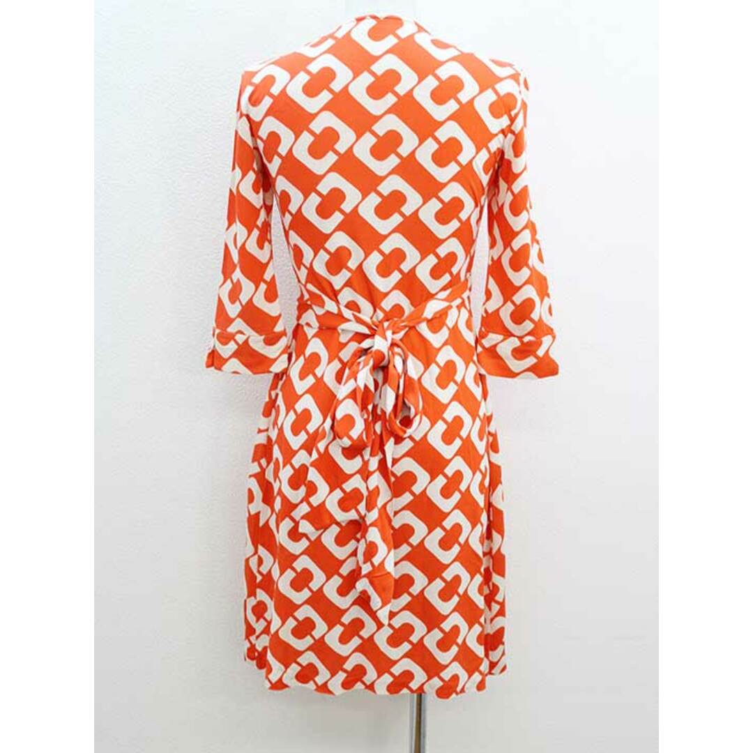 DIANE von FURSTENBERG(ダイアンフォンファステンバーグ)の‡DIANE von FURSTENBERG/ダイアンフォンファステンバーグ‡総柄ラップワンピース/七分袖/膝丈 オレンジ×ライトベージュ レディース 0【中古】春夏秋冬 425032 onepi レディースのワンピース(その他)の商品写真