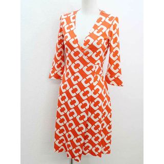 ダイアンフォンファステンバーグ(DIANE von FURSTENBERG)の‡DIANE von FURSTENBERG/ダイアンフォンファステンバーグ‡総柄ラップワンピース/七分袖/膝丈 オレンジ×ライトベージュ レディース 0【中古】春夏秋冬 425032 onepi(その他)