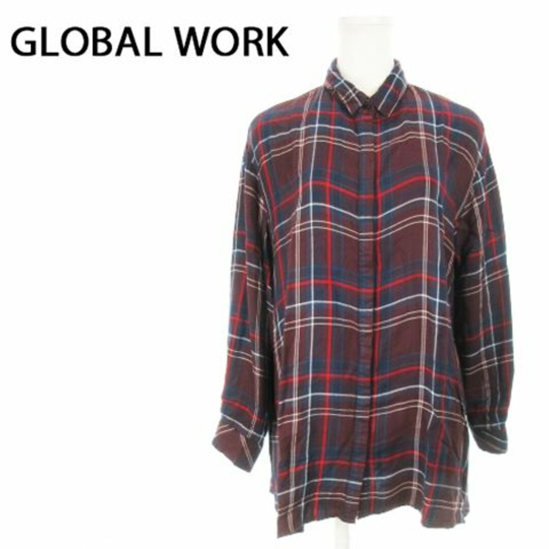 GLOBAL WORK(グローバルワーク)のグローバルワーク ロングチェックシャツ 長袖 S ボルドー 231202MN2R レディースのトップス(シャツ/ブラウス(長袖/七分))の商品写真