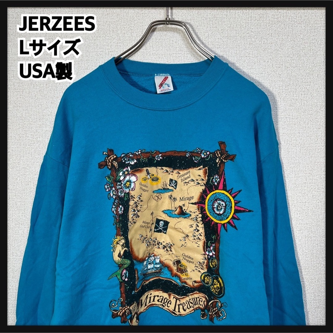 JERZEES(ジャージーズ)の【ジャージーズ】90sUSA製スウェット　ブルー地図　人魚　花柄ビンテージ80 メンズのトップス(スウェット)の商品写真