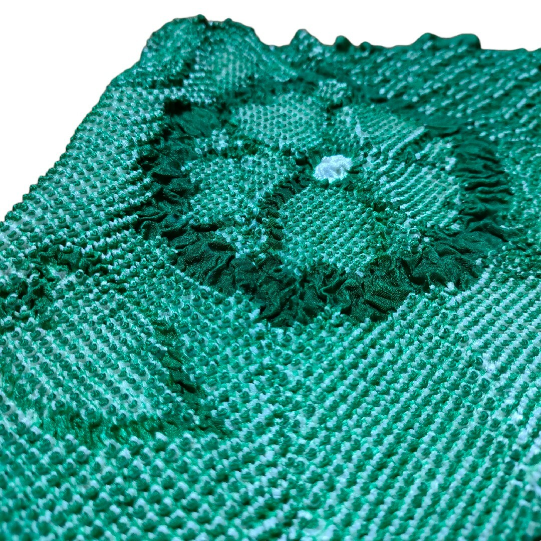 振袖の帯揚げ総絞り長さ154cm幅21cm〜伸縮性あり流水八重桜鹿の子緑グリーン レディースの水着/浴衣(振袖)の商品写真