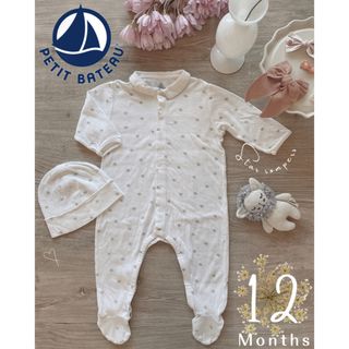 プチバトー(PETIT BATEAU)の２セット★プチバトー 　足つき ロンパース　帽子　襟付　スター　ドット柄　12m(ロンパース)