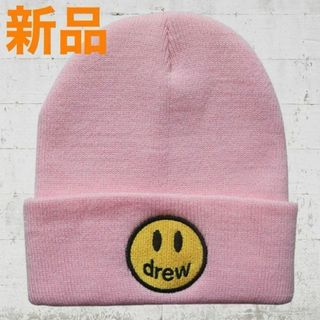 【SALE】スマイル drew モチーフ　ビーニー　ニット帽　キャップ ピンク(ニット帽/ビーニー)